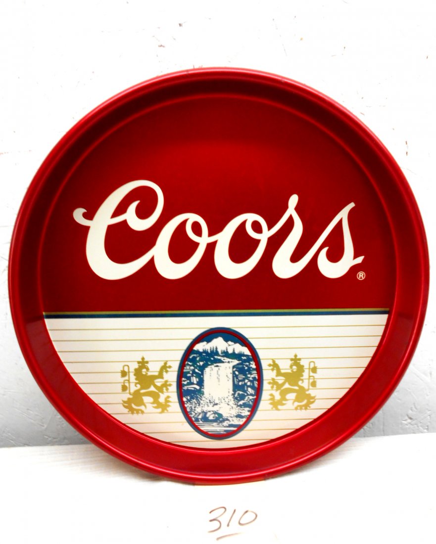 COORS BEER Tray: Vintage Coors Beer metal serving tray advertisement. Bright red with Coors can logo in great condition! 13" diameter x 1.5" D