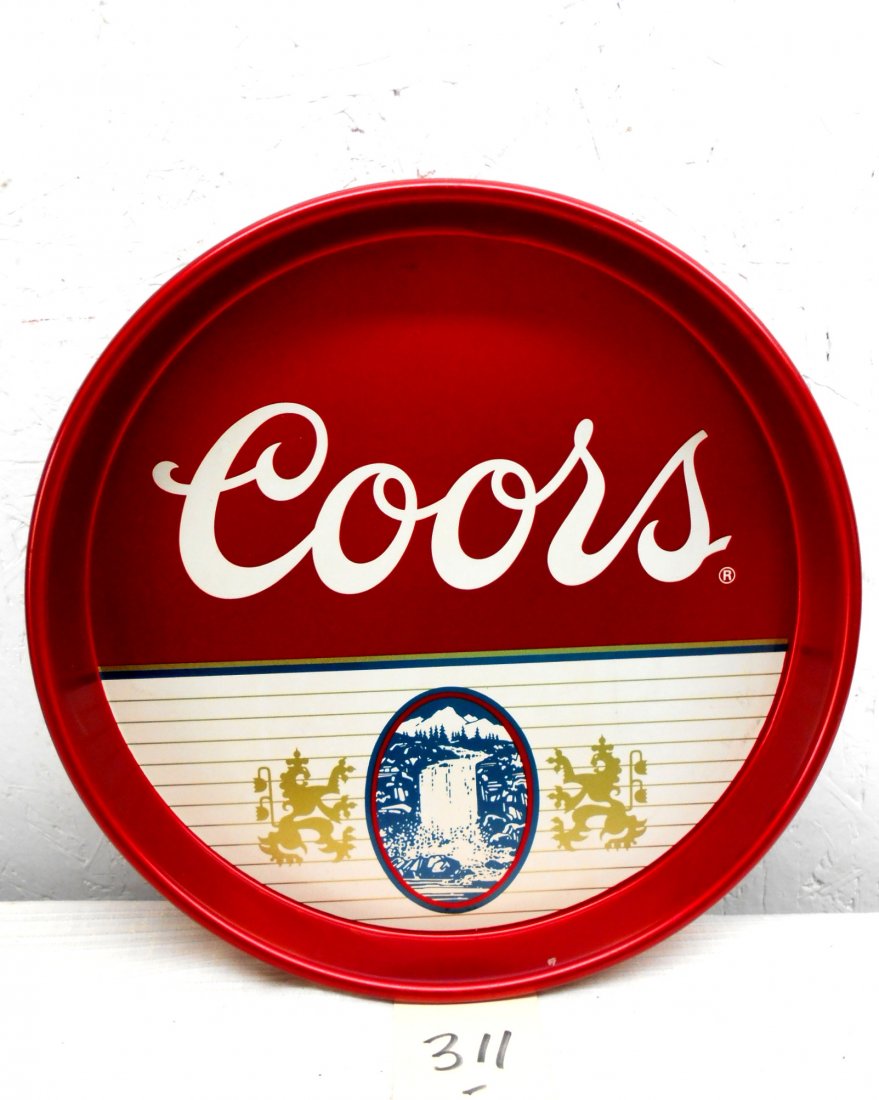 COORS BEER Tray: Vintage Coors Beer metal serving tray advertisement. Bright red with Coors can logo in great condition! 13" diameter x 1.5" D