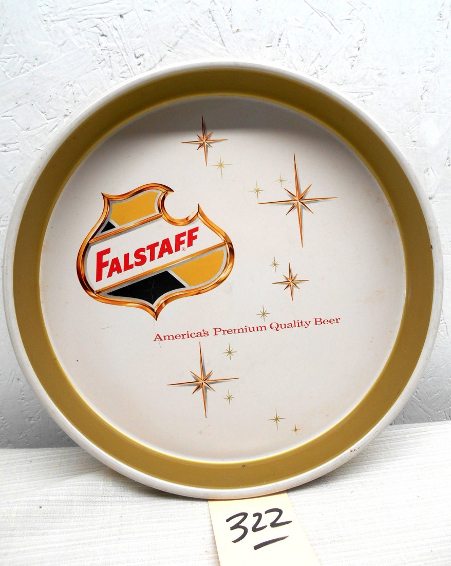 FALSTAFF BEER Tray: Vintage round metal beer serving tray advertisement with Falstaff Beer logo and gold stars. Gold and white. Fantastic condition. 13" diameter x 1.5" D