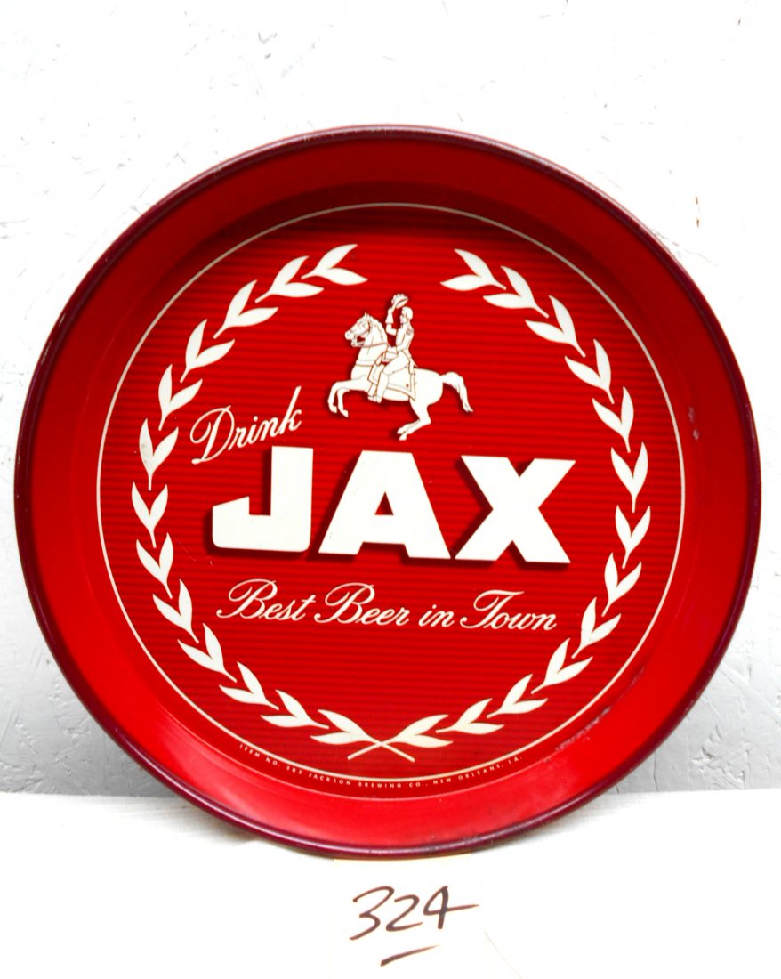 JAX BEER Tray: Vintage bright red round metal JAX BEER serving tray advertisement. Text around outside edge of tray as well. Red and white. Great condition! 12" diameter x 1" D