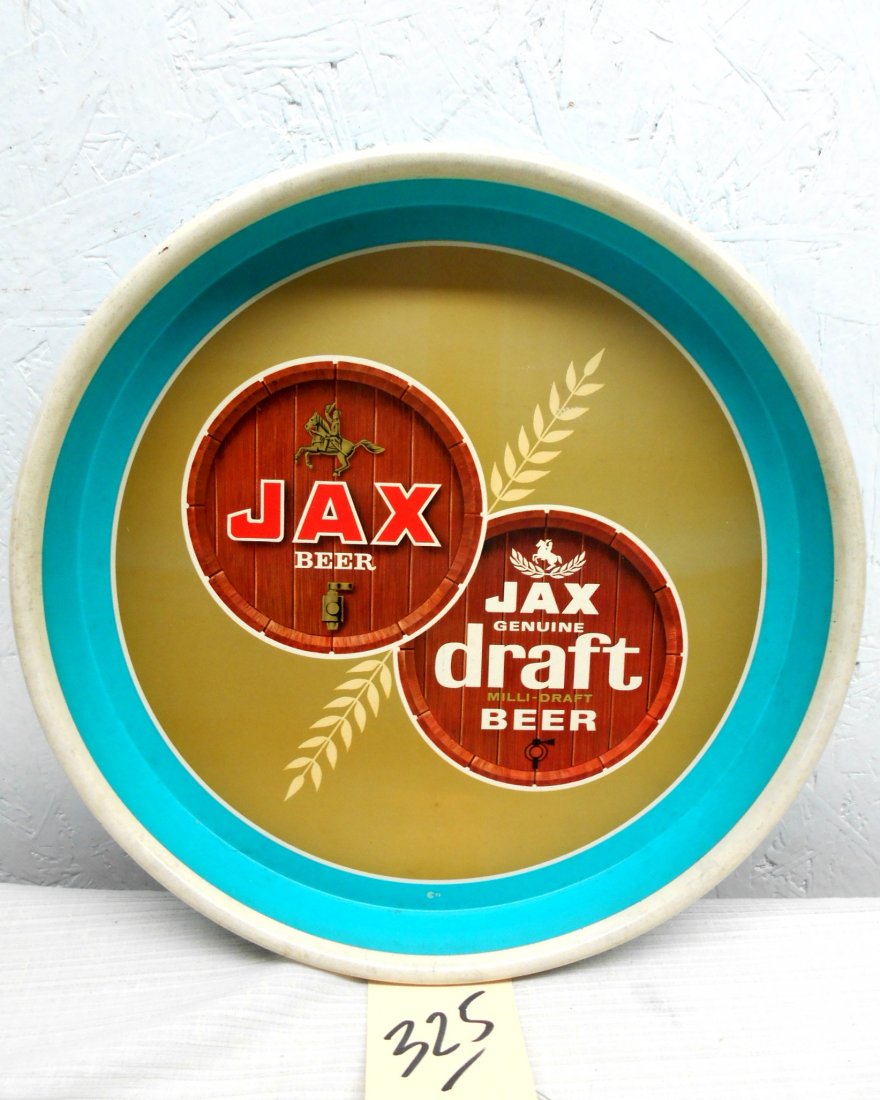 JAX BEER Tray: Vintage Jax Beer serving tray advertisement. Blue and gold with Jax Beer logo and an image of beer barrels. Great condition! 13" diameter x 1.5" D
