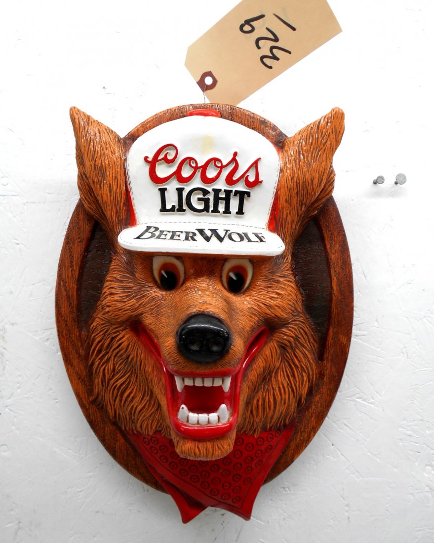 COORS BEER Beer Wolf Wall Hanging: Vintage COORS BEER Beer Wolf faux carved wood plastic wall hanging advertisement. Made to look like carved wood. Great condtion. 14" H x 10" W x 6" D