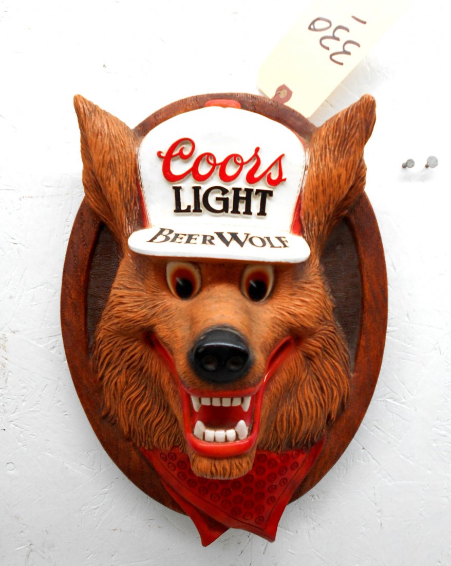 COORS BEER Beer Wolf Wall Hanging: Vintage COORS BEER Beer Wolf faux carved wood plastic wall hanging advertisement. Made to look like carved wood. Great condtion. 14" H x 10" W x 6" D