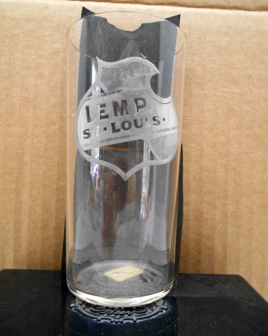 LEMP BEER Glass - Etched Shield: Antique early 1900s etched shield beer glass. "LEMP St. Louis" No chips or cracks - Excellent condition!4.5"X2.5"