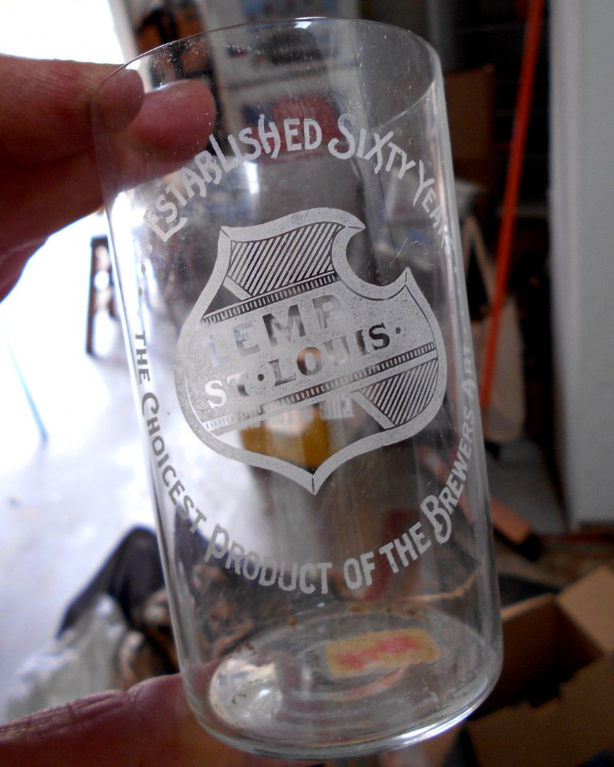 LEMP BEER Glass - EtchedShield & 60yrs: Antique early 1900s etched beer glass. "LEMP St. Louis Established 60 years; The Choicest Product of the Brewers Art" on front. "La Mejor Cerveza Americana. Die Krone Aller Biere. Elite de l'art brass