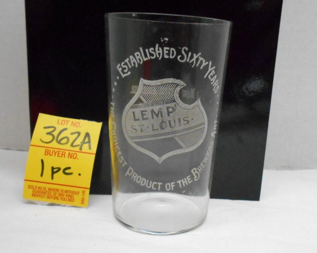LEMP BEER Glass With Shield 60yrs: Antique early 1900s etched beer glass. "LEMP St. Louis Established 60 years; The Choicest Product of the Brewers Art" on front. "La Mejor Cerveza Americana. Die Krone Aller Biere. Elite de l'art brass