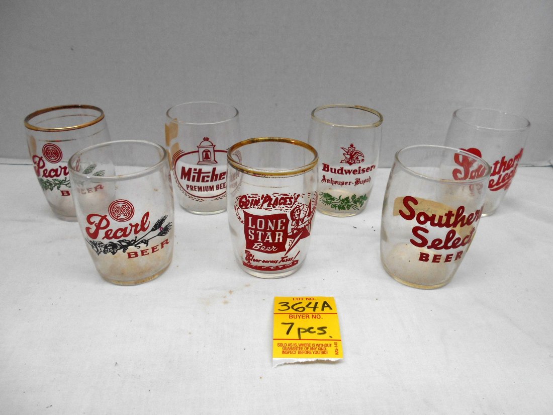 Beer Taster Glasses/Tumblers Featuring Pearl, Mitchell: 7 Pcs. Lot of vintage Beer Taster Glasses/Tumblers Featuring Pearl, Mitchell Premium Beer, Southern Select, Lone Star, Budweiser.2 Pearl, Mitchell Premium Beer, 2 Southern Select, Lone Star, Budweiser