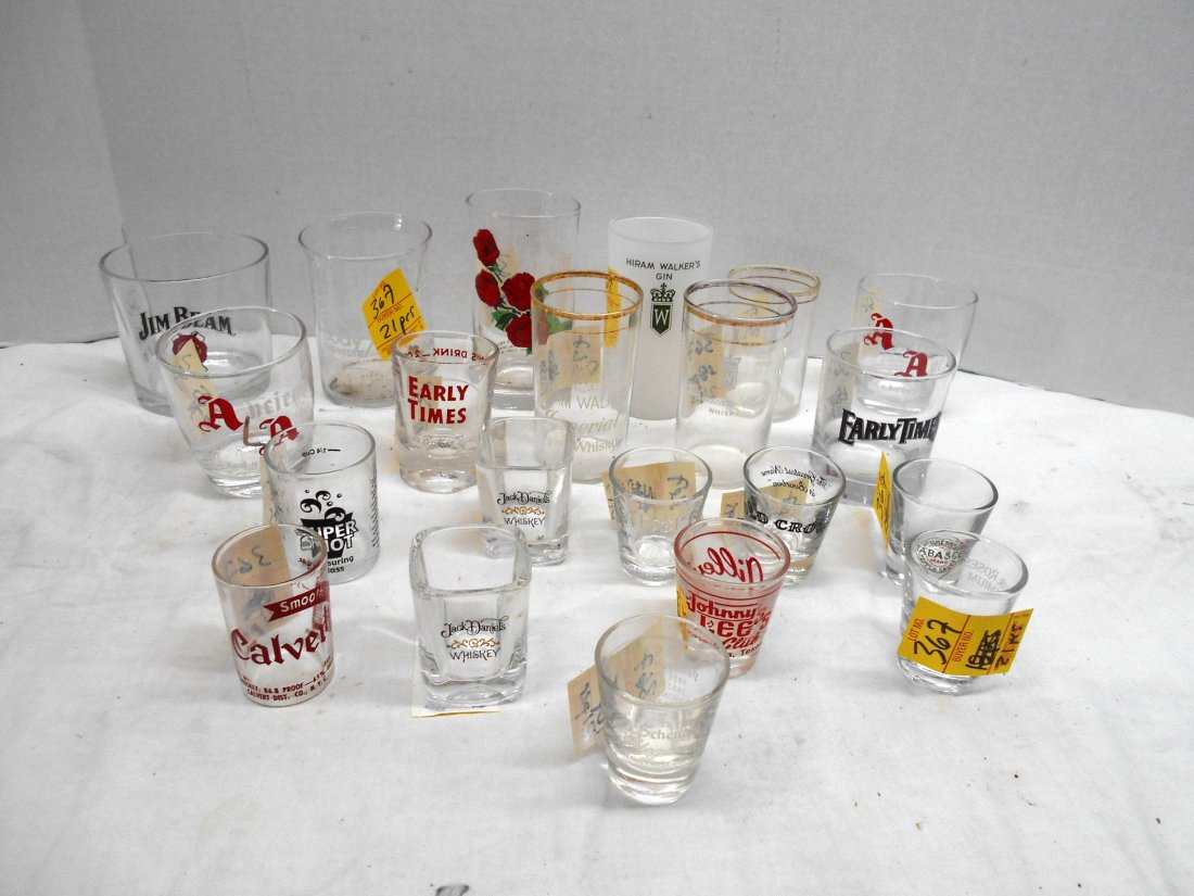 Various Whiskey & Shot Glasses: 21 pcs Various brands including: Four Roses, Jim Beam, Canadian Club, Ancient Age, Early Times, Calvert, Hiram Walker, Jack Daniels, Old Crow, Tobasco, Southern Comfort,