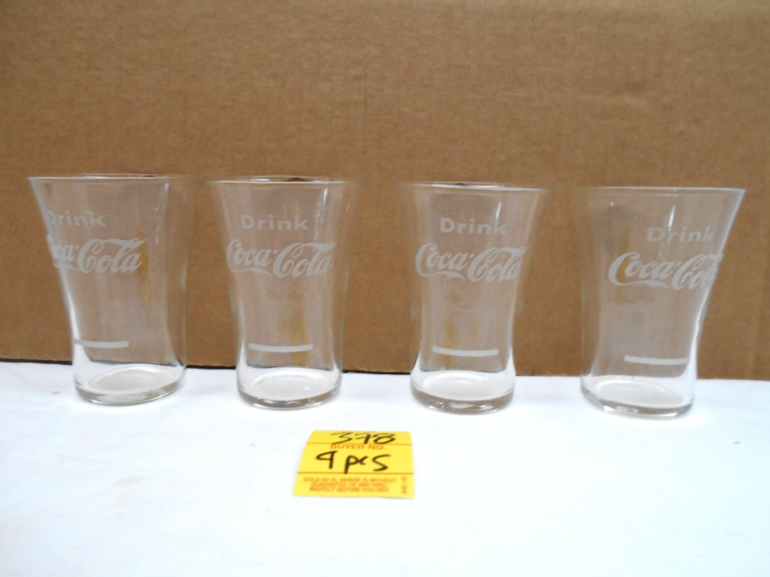 COCA COLA Glasses - Clear Bar Set: Rare vintage Coke. 4 Pcs.Four fluted clear Coca Cola glasses with line for liquor shot in bottom. Excellent condition! No chips or cracks! 3.5" tall