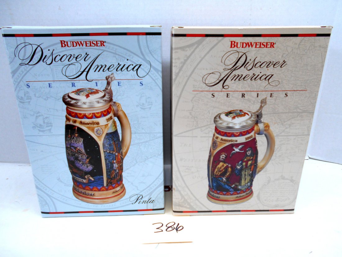 Budweiser Collector Beer Steins: 2 pcs. Discover America Series. Two of the set of three (Pinta and Nina) new in the box! Collector's edition. Graphics clean. Has not been unboxed.