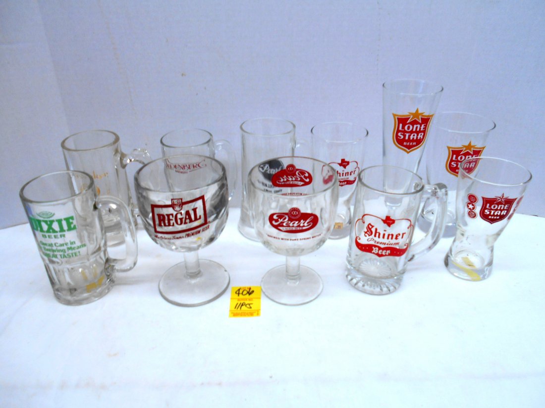 Misc. Beer Glasses: 11 pcs. Vintage beer glasses. 3 Lone Star, 2 Shiner, 2 Pearl, 1 Regal, 1 Oldenberg, 1 Andeker, 1 Dixie. Various mugs and goblet styles. 5.5"-8.5"