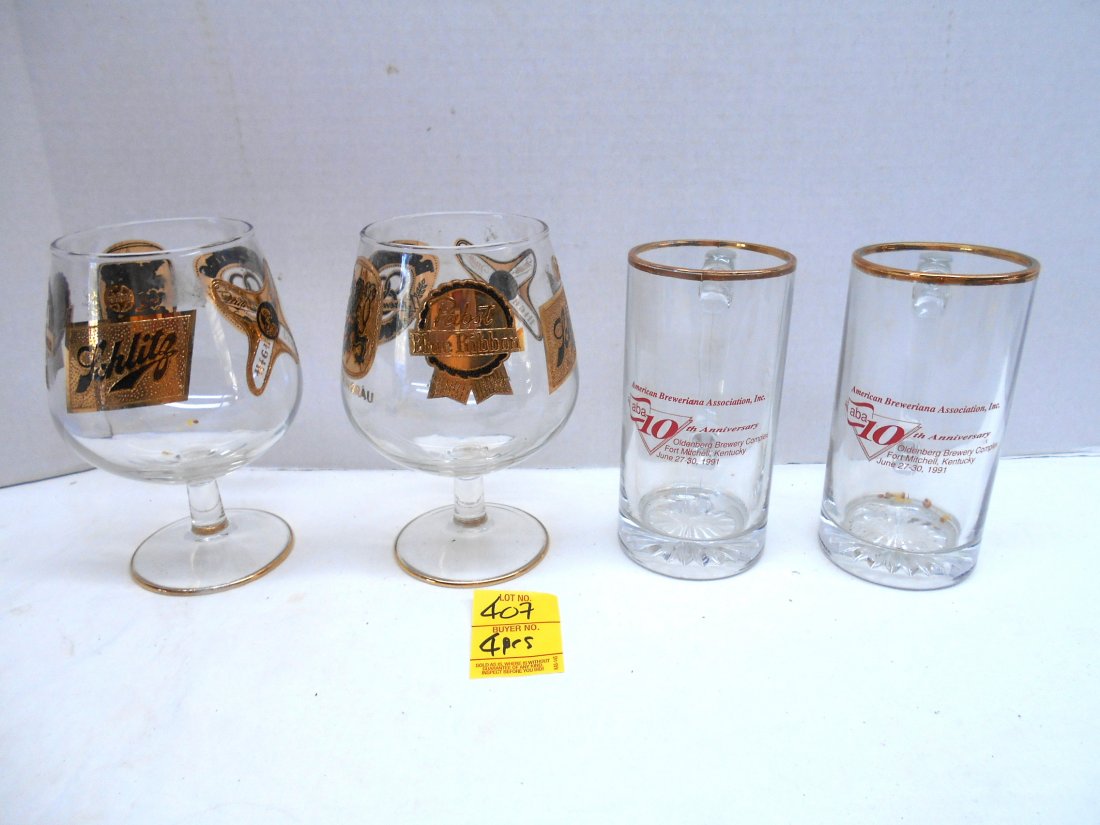 SCHLITZ, PABST, LOWENBRAU, MILLER, BALLENTINE: 4 pcs. Vintage beer glasses. 1 set of brandy style glasses with gilded graphics. 1 set of American Breweriana Association, Inc. 10th Anniversary mugs. No Chips or cracks