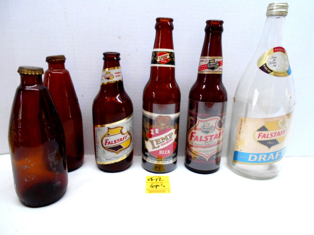 FALSTAFF & LEMP BEER Bottles: 6 pcs. Vintage beer bottles. 2 matching brown Falstaff bottles without labels with screw-on bottle caps, 1 short Falstaff brown bottle with label, 1 Flastaff and 1 Lemp brown bottle with label and lab