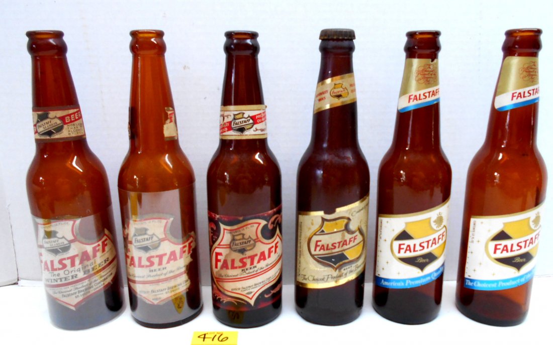 FALSTAFF BEER Brown Bottles: 6 pcs. Vintage beer bottles. Assortment of Falstaff brown beer bottles with labels, some with label protectors. Some with wear and damage to labels. 1 with screw on bottle cap. No chips or cracks. 9"