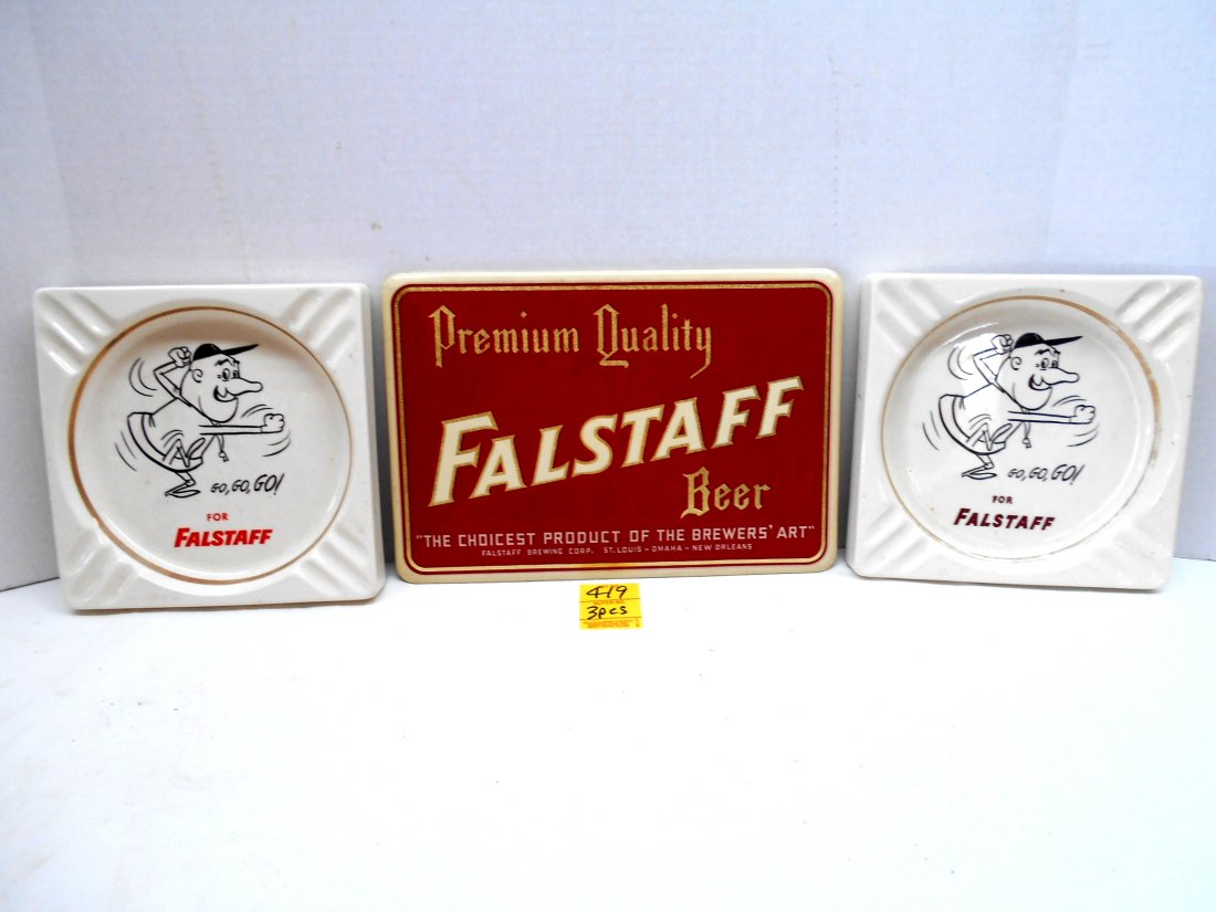 FALSTAFF BEER Wall Sign & Ashtrays: 3 pcs. Vintage. 1 small plastic wall sign with great graphics - "Premium Quality Falstaff Beer, The Choicest Product of the Brewer's Art" 7.5"X11". 2 large ceramic ashtrays 7.25"X7.25"X1". No chips or