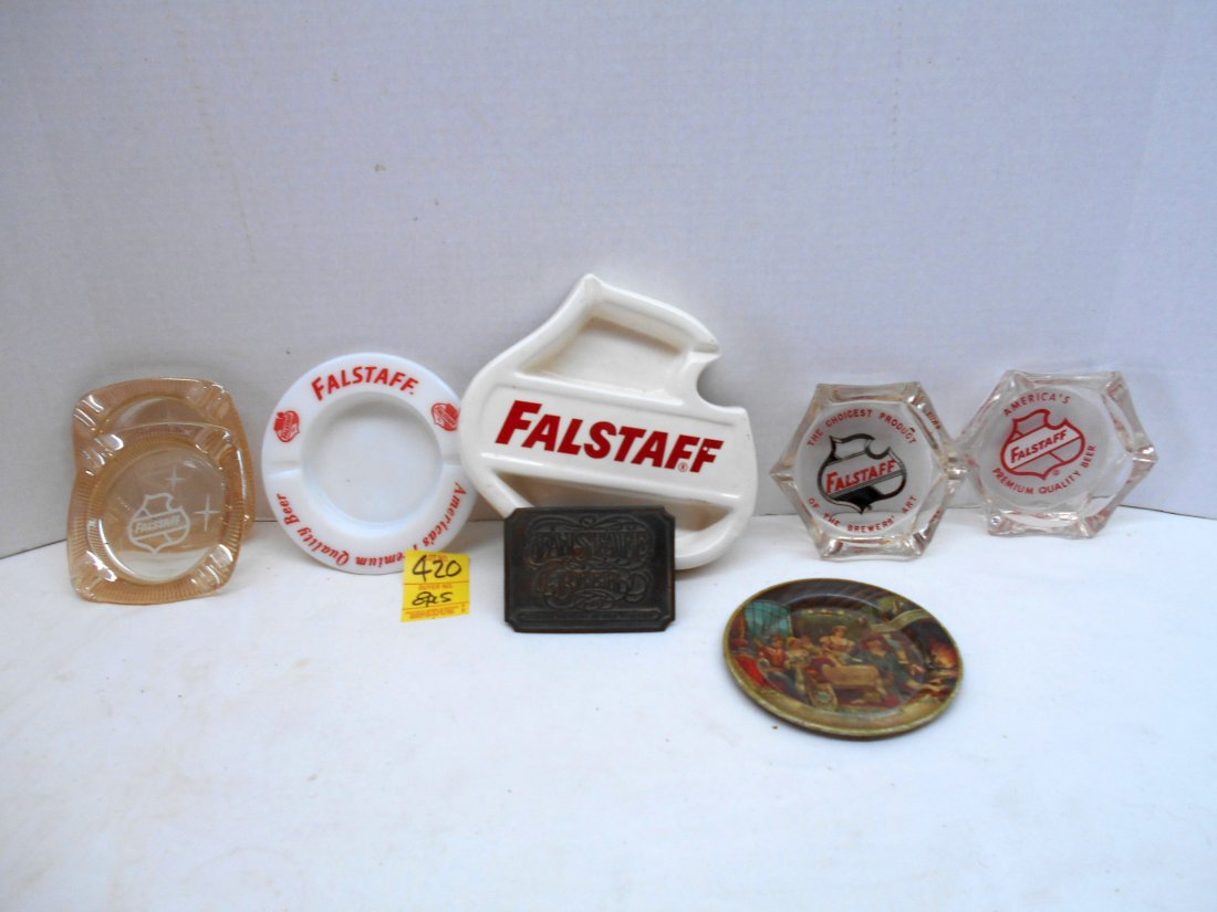 FALSTAFF BEER Misc. Ashtrays, Tray & Belt Buckle: 8 pcs. Vintage beer advertisement. 1 large white ashtray or wall hanging 6.5"X6.5"X1.25", 5 small ashtrays 4", 1 metal belt buckle 3.5"X2.5", 1 small round change tray with Falstaff scene 4". All in v