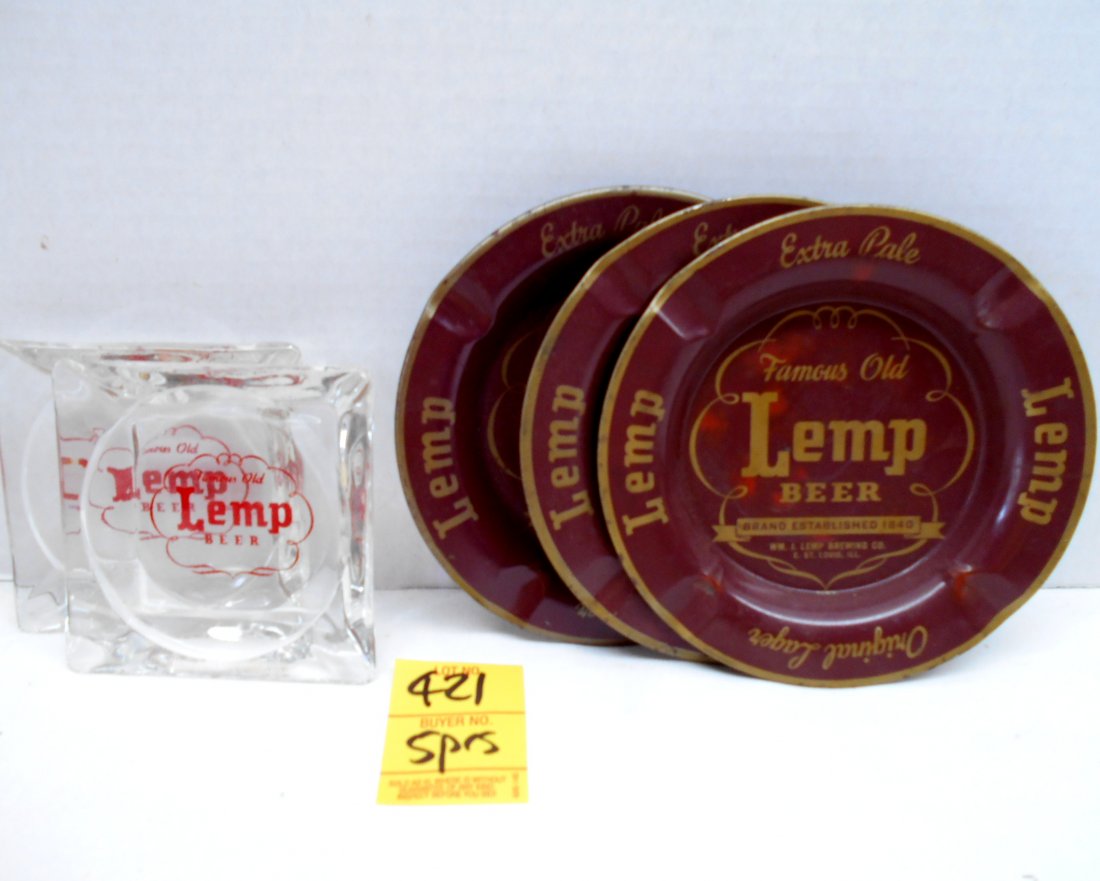 LEMP BEER Misc. Ashtrays: 5 pcs. Vintage beer advertisement ashtrays. 2 glass "Famous Old Lemp Beer" 3.5"X3.5", 2 round metal "Extra Pale Famous Old Lemp Beer" 5.25". No Chips or cracks.