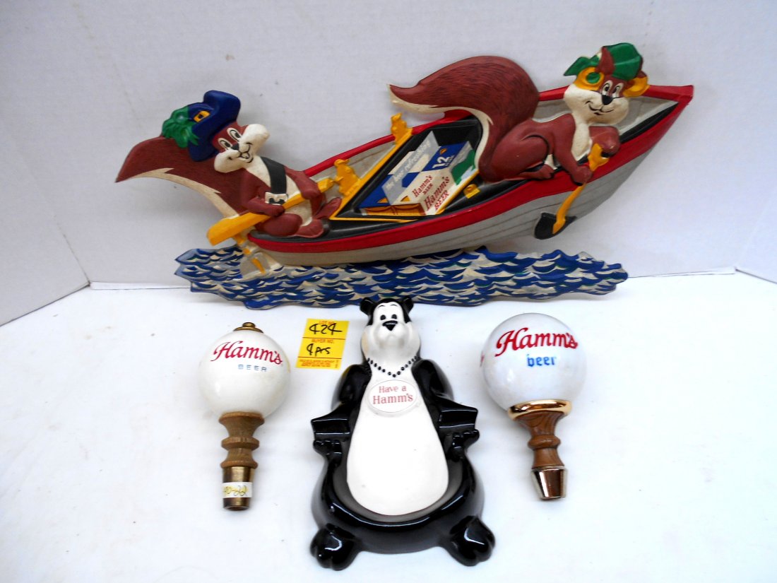 HAMM'S BEER Ashtray, Tap Handles & Wall Sign: 4 pcs. Vintage beer tray, tap handles, and ashtray. 1 ceramic ashtray "“ Excellent condition, no chips or cracks 7.5"X3.75"X1.5", 1 wooden round top tap handle 2.5"X5.5", 1 glass-like round top tap 