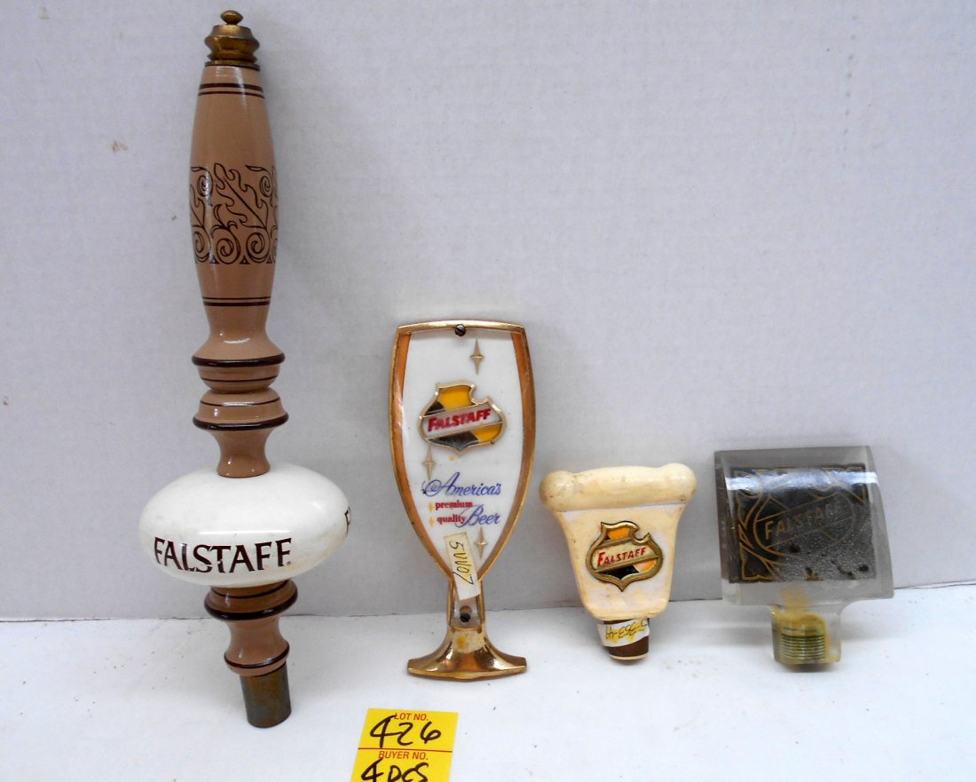 FALSTAFF BEER Misc. Tap Handles: 4 pcs. Vintage beer tap handles. 1 large painted wood? 10"X3", 1 gold metal and accrylic 5.75"X2.25", 1 small plastic 3.25"X2.5", 1 accrylic "Pull for Falstaff" 3"X2.25"