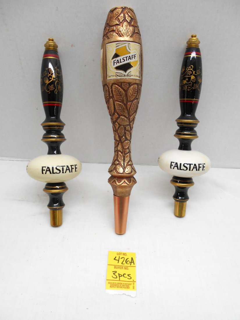 FALSTAFF BEER Misc. Tap Handles: 3 pcs. Vintage beer tap handles. Assorted lot of metal and wooden Falstaff Beer tap pulls. Heights range from 10.5" - 12"