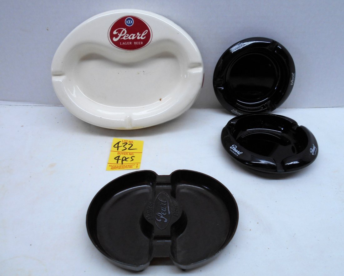PEARL BEER Ashtrays: 4 pcs. Vintage beer advertisement. 1 oval white ceramic - 7.25"x2", 1 oval brown plastic "“ 5"x 4"x.75" and 2 round black glass ashtrays "“ 4" diameter x 1"