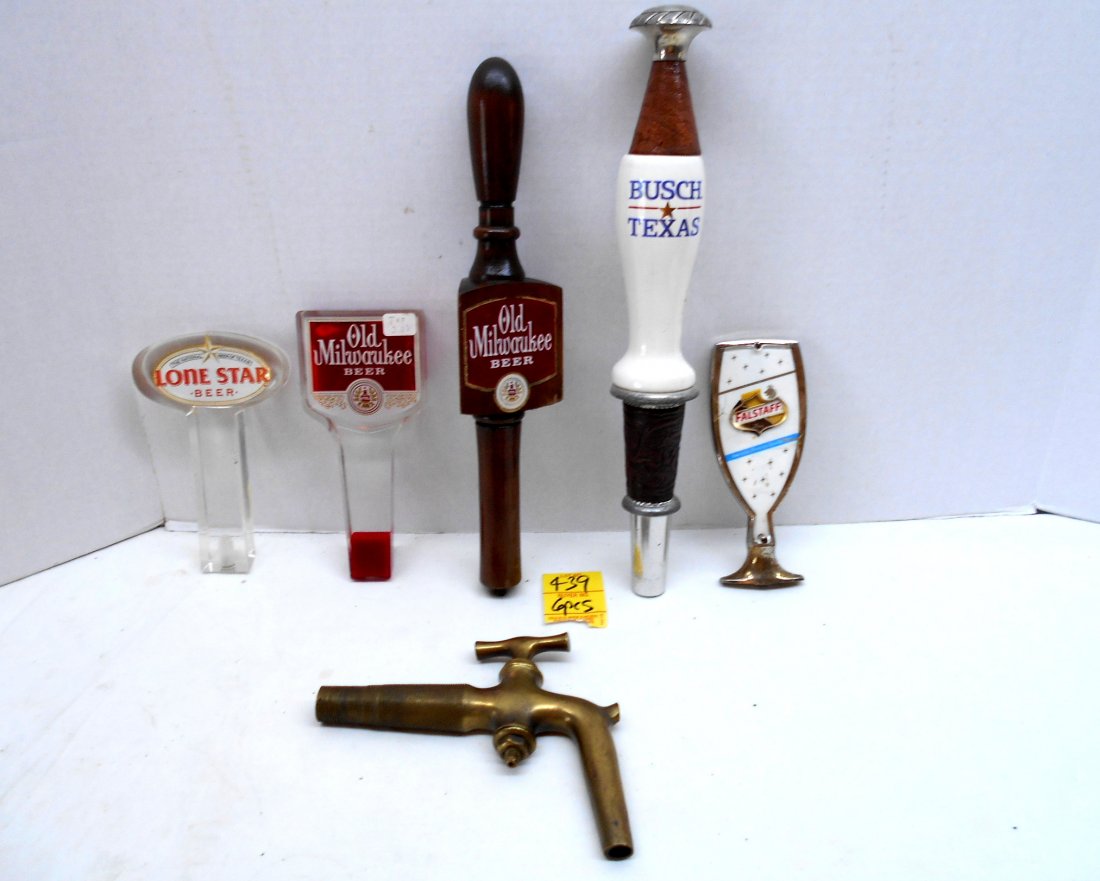 Misc. Vintage Beer Tap Handles & Tap: 5 pcs. Vintage beer advertisement. Beer tap handles "“ Falstaff, acrylic and metal "“ 2.25" x 5.75", Busch Texas, metal and ceramic "“ 2" x 13", Wooden Old Milwaukee Beer "“ 2.5" x 12", Old Mi