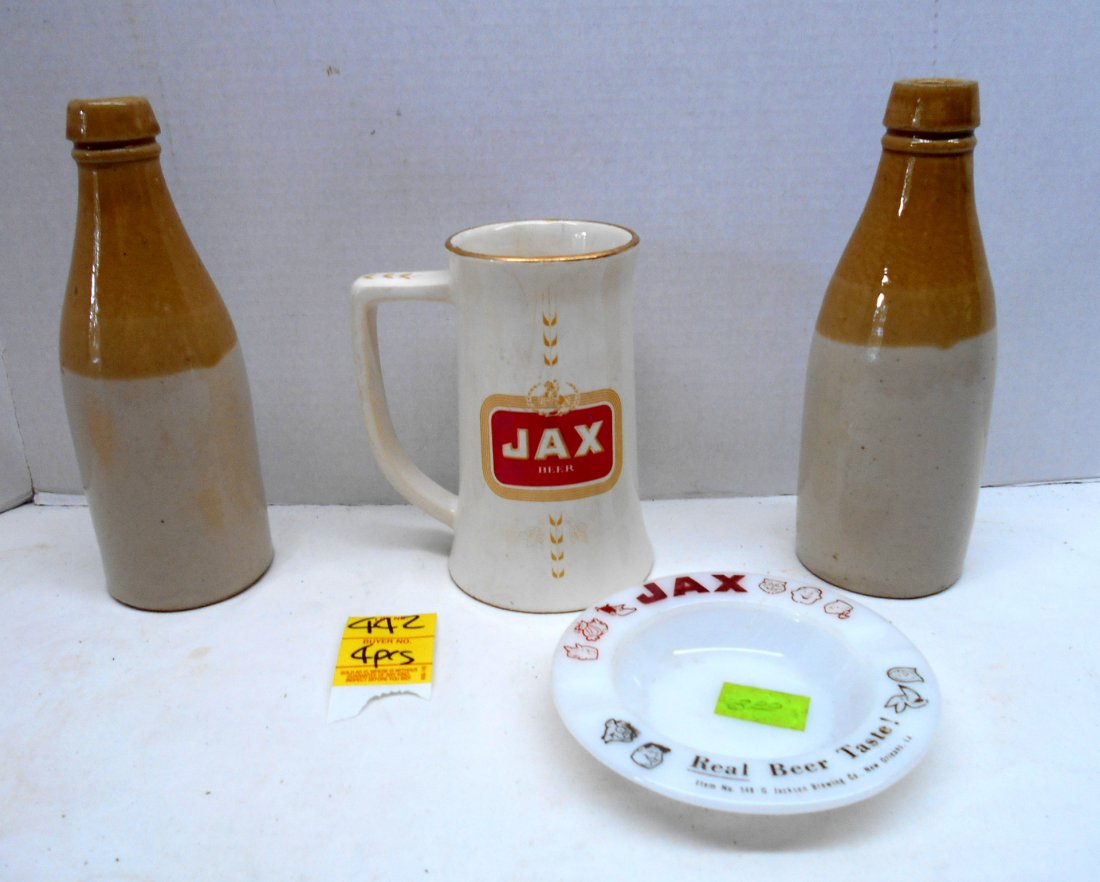 Misc. Breweriana: 2 pcs. Beer collectibles. European salt glazed bottles "“ 5.5" tall. Jax round white glass ashtray "“ 5" diameter, Jax ceramic mug, 5.75" tall