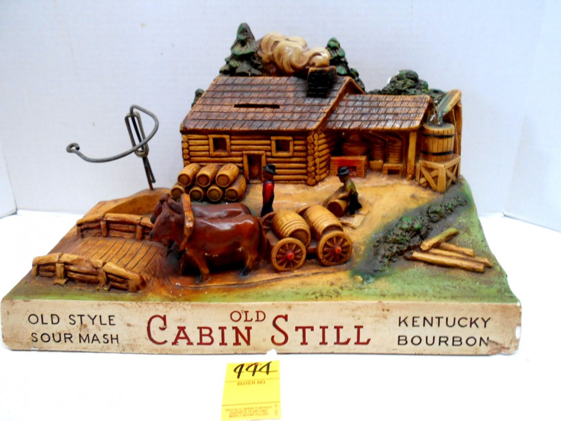 OLD CABIN STILL Liquor Bar Top Bank: Vintage whiskey advertisement. Stitzel-Weller Distillery, Inc., Louisville, KY chalkware in overall good condition with minor paint loss. It is also a, however the component which stores money is not 