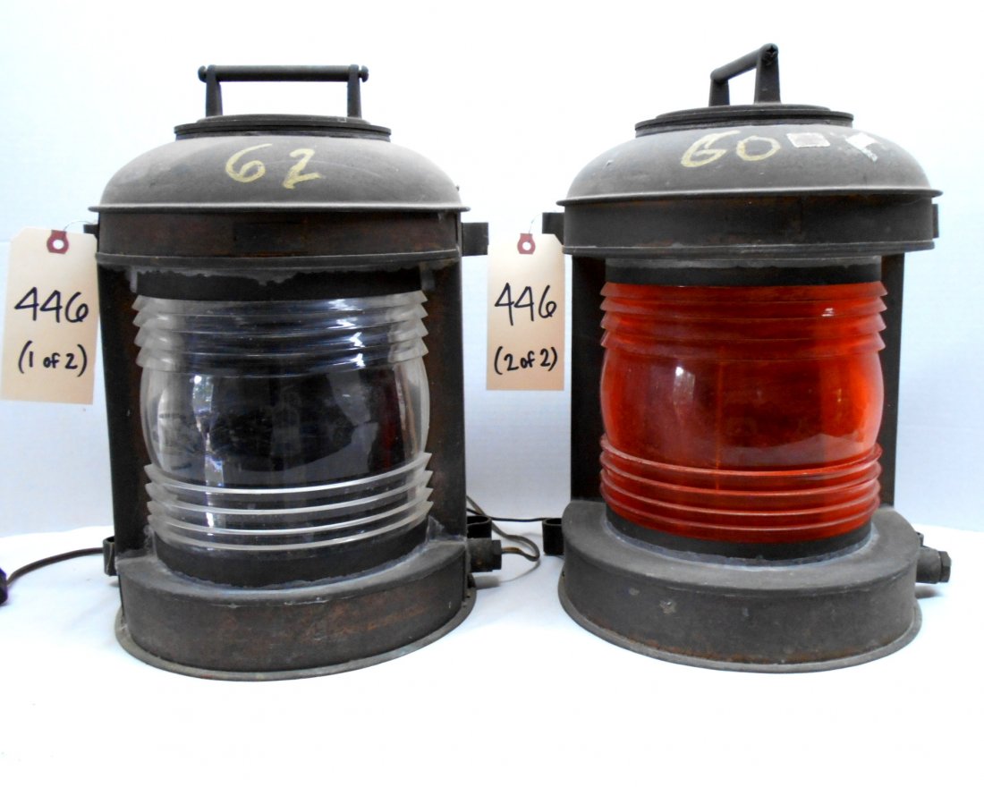 NAUTICAL MARINE Electric Ship Lanterns - Green & Red: 2 pcs. Large antique vintage marine lanterns with brass housing, embossed with the brand name "PERKO", Miami, Florida. HeavyÂ glass lenses. Have been rewired with a 110-watt plug. Light works.Â 