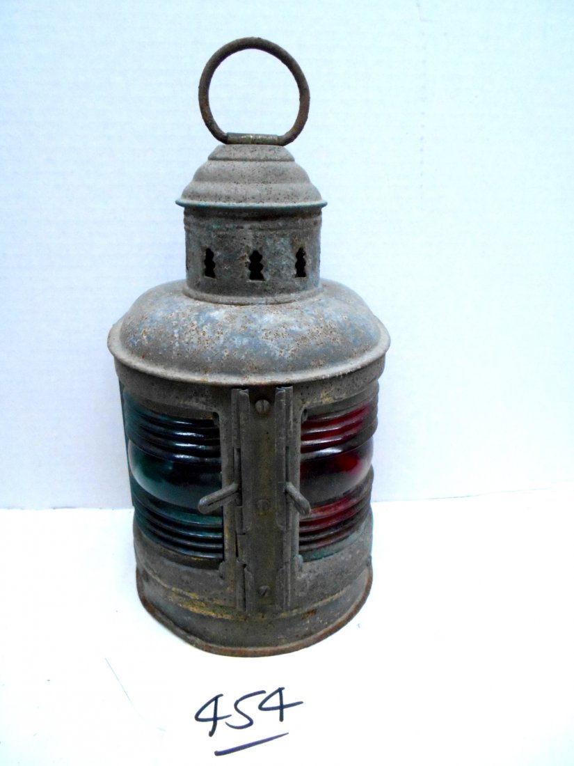 NAUTICAL Marine LIGHT Small Green and Red Lantern Ship: Antique with brass and galvanized steel housing? Lantern with green and red glass lens 10.5" tall x 5" diameter. Badge reads, "PERKO Reg. Trademark, Perkins Marine Lamp & HDWE Corp., Brooklyn, NY, U.S