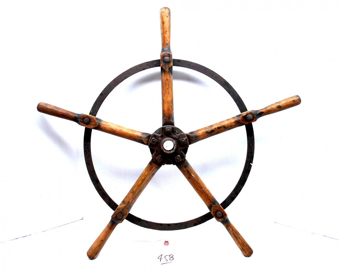 NAUTICAL MARINE Boat Steering Wheel - Oak: Antique boat ship steering wheel. Possible 1800's, handmade metal and oak 5-spoke steering wheel. Great condition for age. 28" diameter