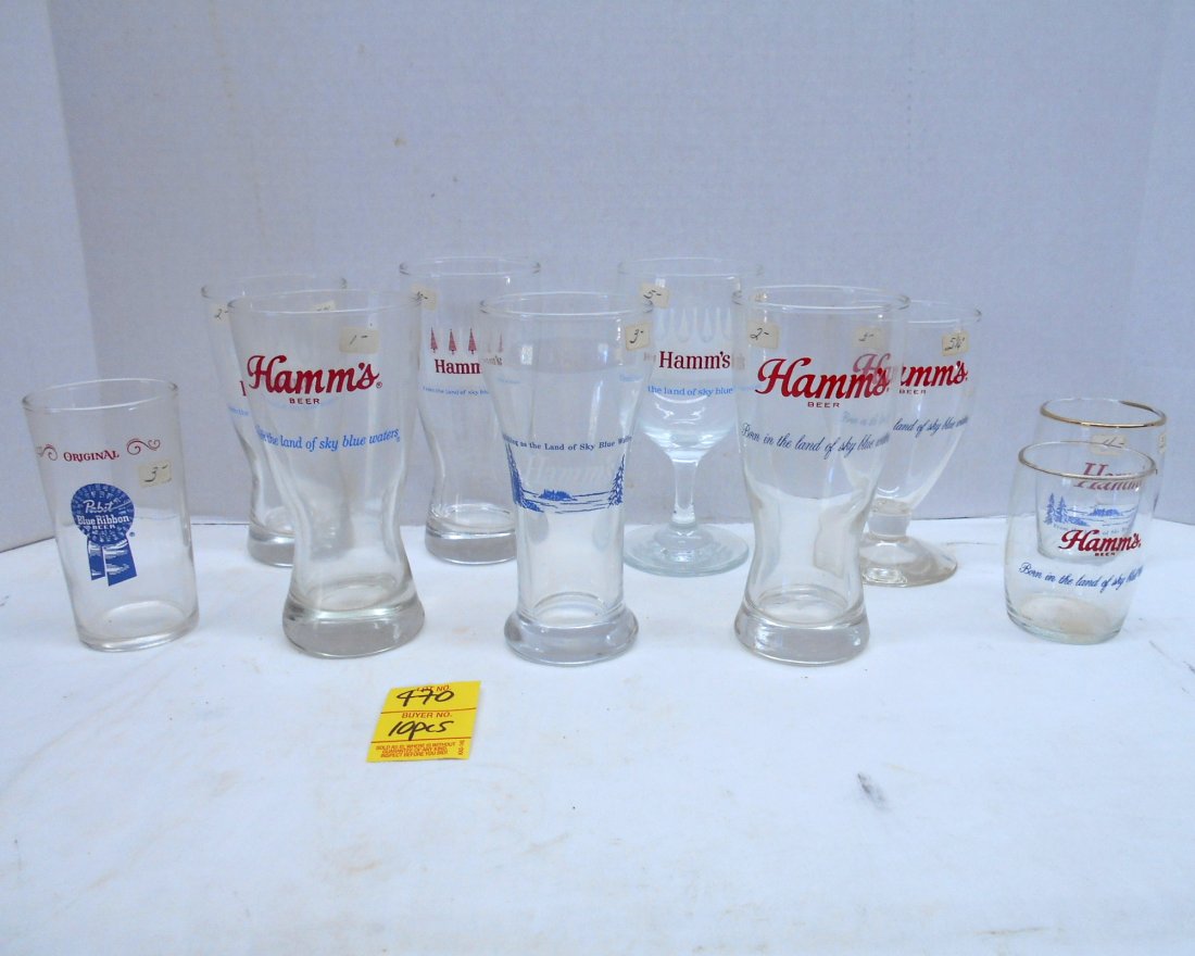 HAMM's & PABST BLUE RIBBON BEER- Misc. Glasses: 10 pcs. Ssorted vintage beer glasses. 9 Hamm's Beer glasses and 1 Pabst Blue Ribbon Glass. Ranging from 3.75" - 5.25" tall
