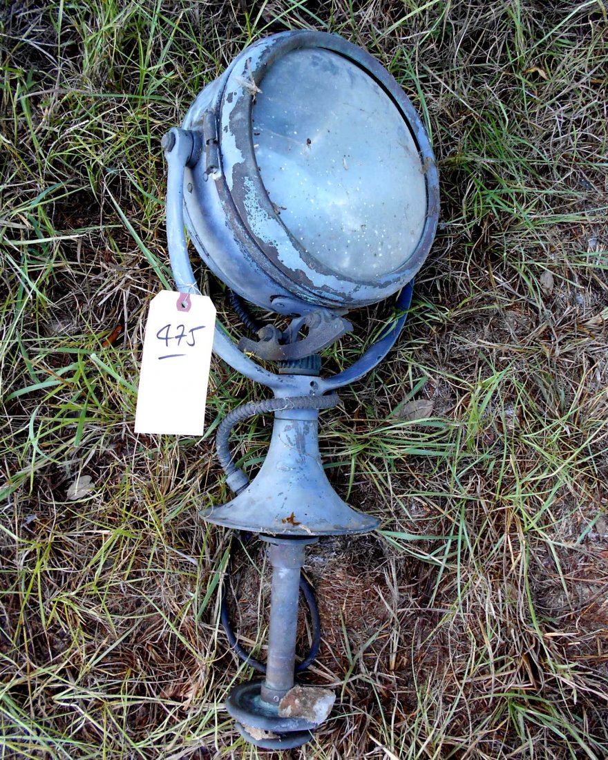NAUTICAL Ship Flood Light, Search Light: Gray painted copper (?) housing ship flood light, lens intact. Tag reads "Ra-line Marine Search Light" Model number 0533-0080. 26" tall x 11.5" 7.5" deep