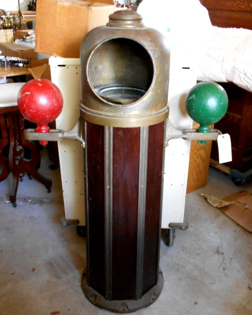 NAUTICAL MARINE Ship Binnacle & Compass: Antiquw ship naval compensating binnacle. Mahogany panels with heavy brass casing. Tag on compass reads: "John Bruce and Son's, LTP, Liverpool", Tag on binnacle reads: "John E. Hand & Sons Co. Manufac