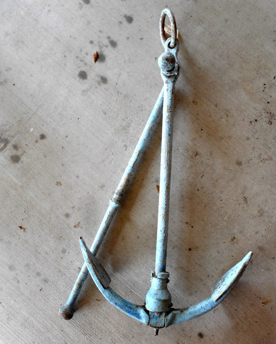NAUTICAL MARINE Anchor: Large antique iron ship anchor,Large. Painted light blue. 26.5" wide x 48" tall