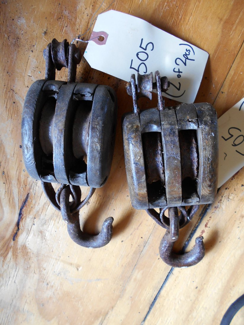Antique Block & Tackle: Two small antiqie wood double pulley. Both with hooks. 8" x 3 1/4" x 3"