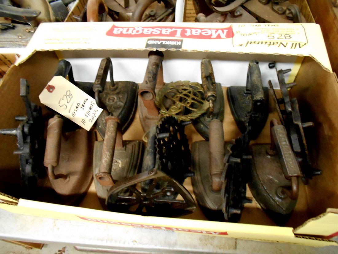 Antique Sad Irons: 20 pcs. 10 antique Sad Irons and 10 trivets.