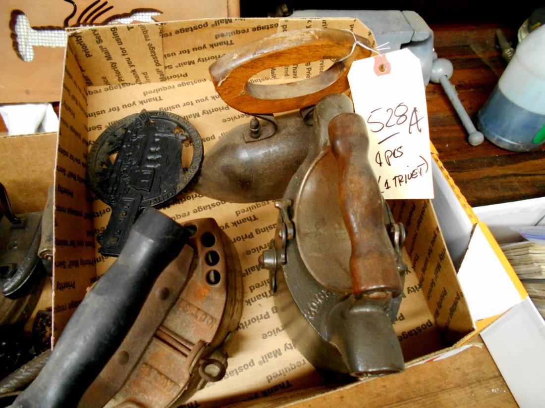 Antique Coal Irons: 4 pcs. 3 antique coal irons and 1 trivet