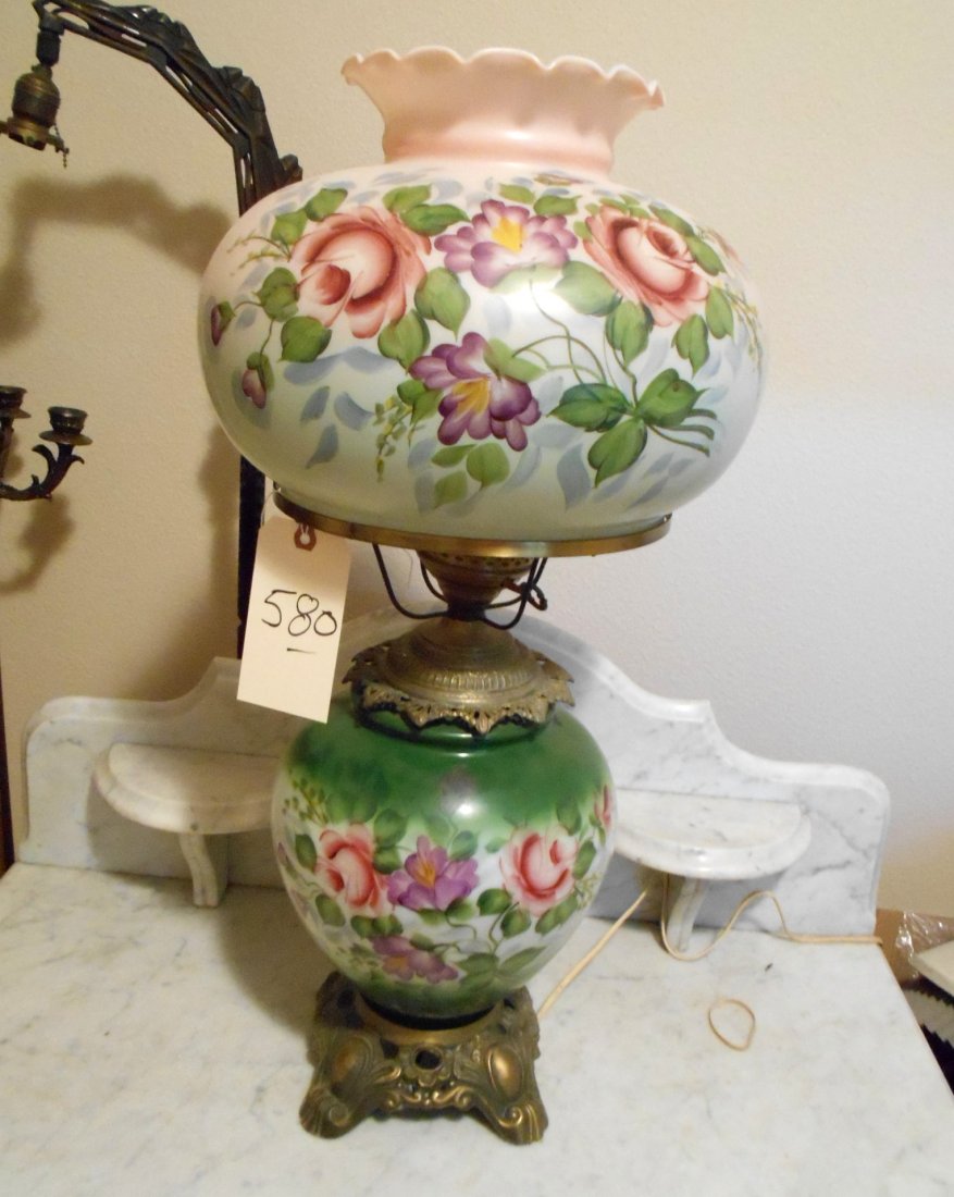 Vintage Gone with the Wind Table Lamp "“ Electrified: Large vintage American antebellum lamp which has been electrified. Heavy brass base and hardware. No chimney. Hand painted rose motif. Losses to paint very, very minor to none. No cracks. Some very mi