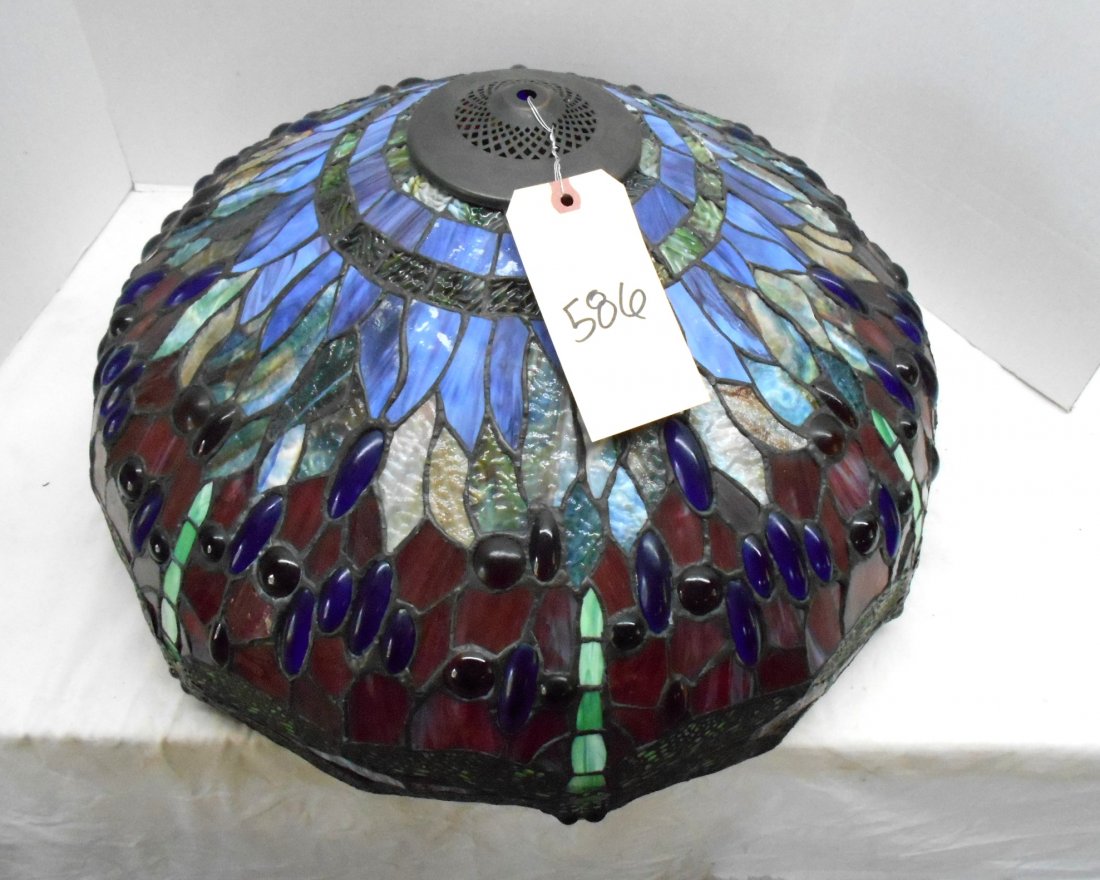 Reproduction Stained Glass Lamp SHADE ONLY"“: Reproduction stained glass lamp SHADE ONLY. Foiled slag glass pieces making a colorful floral mosaic. No losses to glass or metal. 20" diameter x 11" tall
