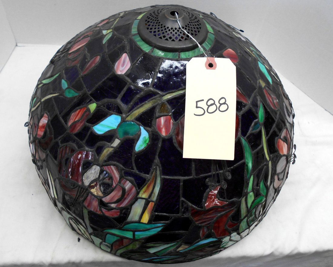 Reproduction Stained Glass LAMP SHADE ONLY "“ Floral: Reproduction stained glass lamp SHADE ONLY. Foiled slag glass pieces making a colorful floral mosaic. No losses to glass or metal. 17.75" diameter x 11" tall