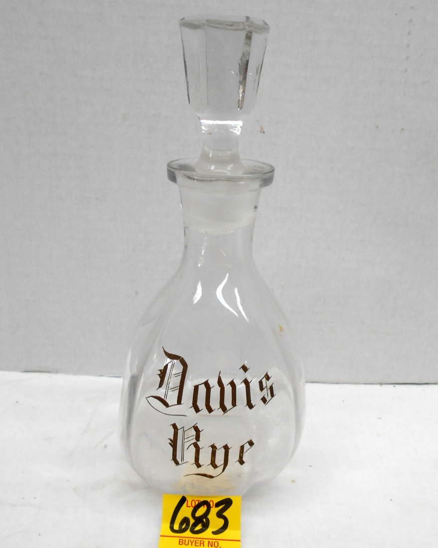 Antique Whiskey Bar Decanter - DAVIS RYE: Antique Glass pinch bottle style bar decanter. No chips or cracks. Very good condition. 3.5"x9"