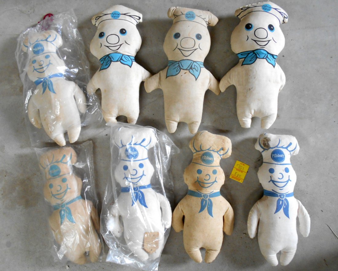 PILLSBURY DOUGHBOY - Plush Dolls: 8 Pcs. Vintage PILLSBURY DOUGHBOY Poppin' Fresh Advertising Toy Plush Dolls. 1960s era advertising dolls measuring 12" -13" tall. Varying conditions.