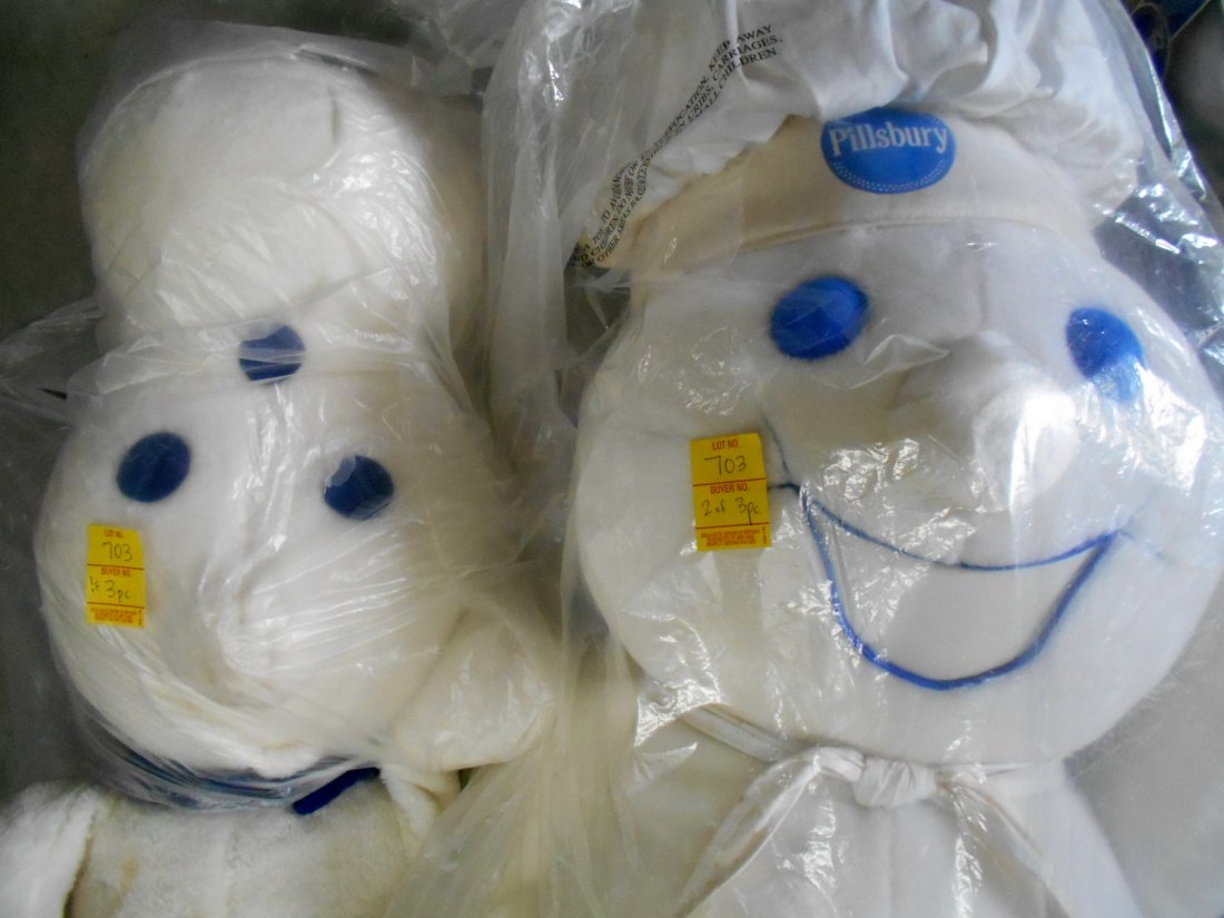 PILLSBURY DOUGHBOY - Plush Dolls: 3 Pcs. Large PILLSBURY DOUGHBOY Plush Advertising Doll Toys Two nearly life size, one smaller dall still in box. Measurements on the large dolls is 2'6" - 3'7" tall. Very good condition.