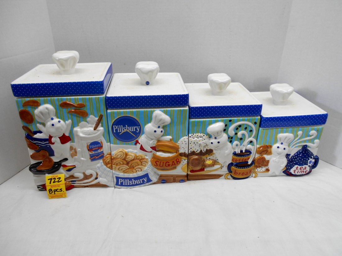 PILLSBURY DOUGHBOY Canisters: 4 Pcs. Ceramic counter top canisters with lids featuring Pillsbury Doughboys. NEW IN BOX. Tea, coffee, sugar, flour.