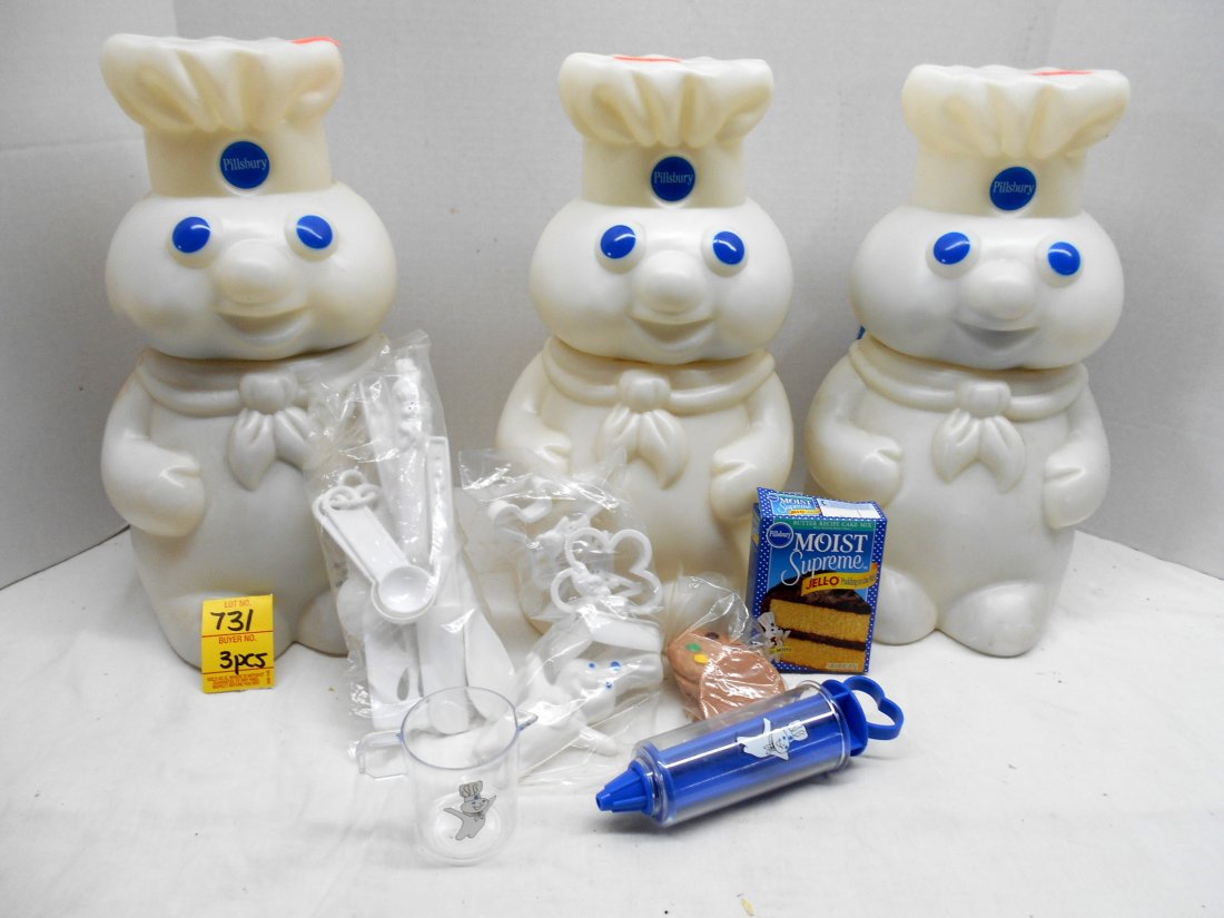 Vintage PILLSBURY DOUGHBOY Toy Cookie Jars &: 3 Pcs. Identical Pillsbury Doughboy toy cookie jars with accessories.
