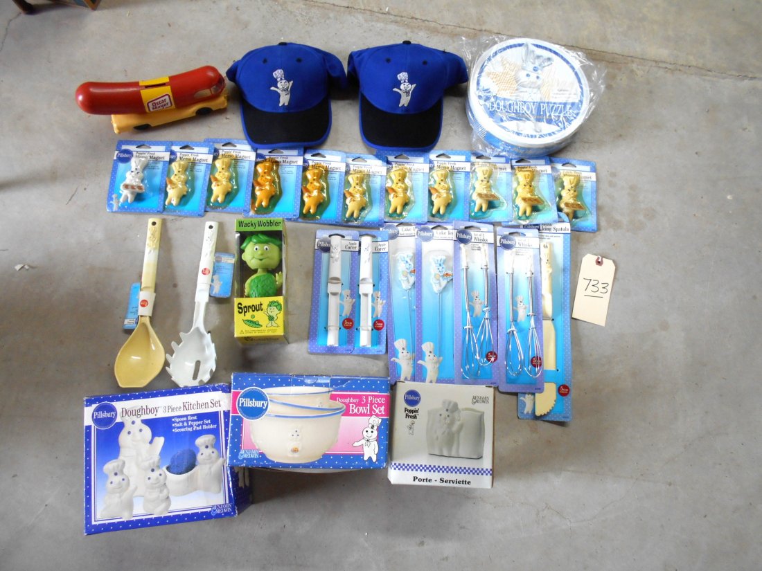 Large Lot of PILLSBURY DOUGHBOY Items: Pilsbury Doughboy magnets, whisks, cake testers, spaghetti fork, basting spoon, 2 hats. Ceramic napkin holder, 3 piece bowl set, 3 piece kitchen set. Plastic Oscar Mayer Wiener Mobile bank. Sprout Bob