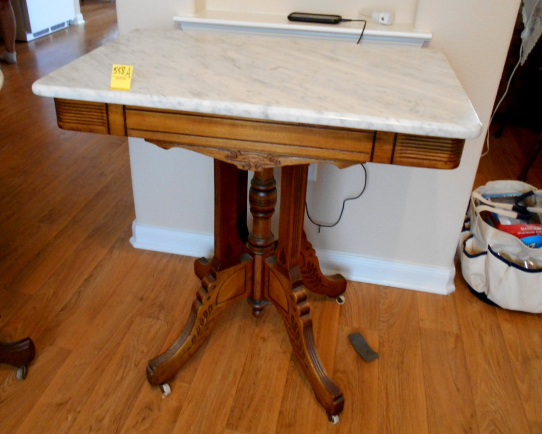 Antique American Victorian Lamp Table – Furniture: Antique American Victorian lamp table with white rectangular marble top. Very good condition. Finish clean, no chips/cracks on marble. Refinished? Slight almost invisible scratch on top of marble. Whi