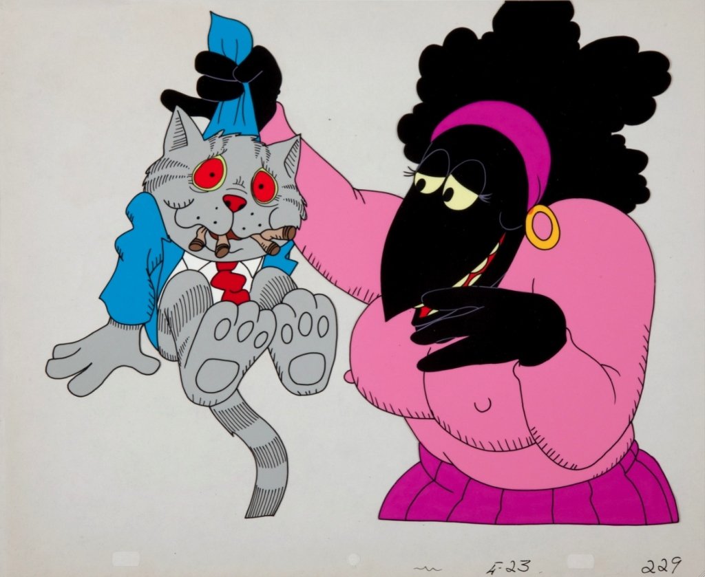 Ralph Bakshi, Fritz the Cat (lot of 3) after Crumb: Ralph Bakshi (1938-) Fritz the Cat (group of 3), after Robert Crumb, 3 original animation art cells for the production of the film Fritz the Cat. Sizes are 12 1/2 x 10 1/4, 10 1/4 x 10, 10 1/4 x 10 in