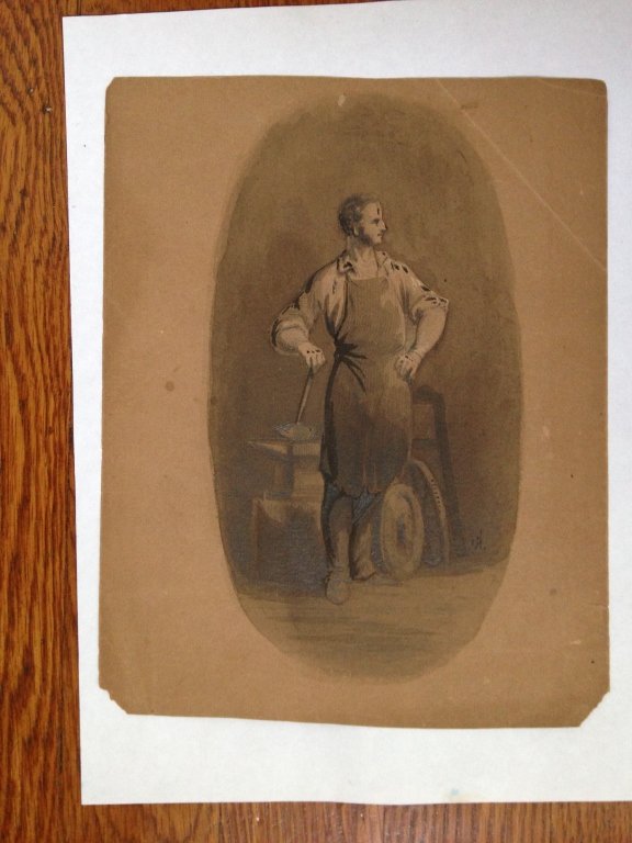 Alfred Jacob Miller, Blacksmith Watercolor: Alfred Jacob Miller (American, 1810-1874), Blacksmith, watercolor and pencil on paper, monogram lower right, size 8 x 4 1/2 inches (sheet size 8 3/4 x 7 inches)